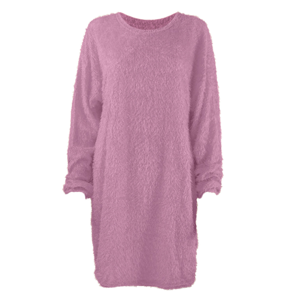 Long Sleeve Plush Midi Dress Loose Fit Round Neck Soft Fabric Fall Winter Fashion Wholesale Available