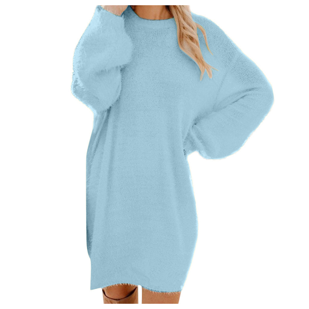 Long Sleeve Plush Midi Dress Loose Fit Round Neck Soft Fabric Fall Winter Fashion Wholesale Available