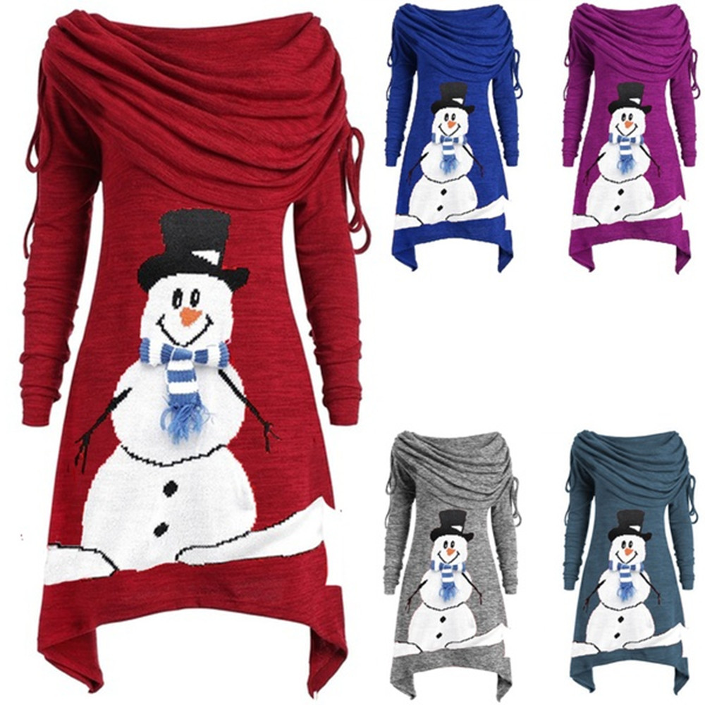 Womens Christmas Snowman Print Dress Pleated Collar Asymmetrical Hem Drawstring Design Perfect for Fall and Winter