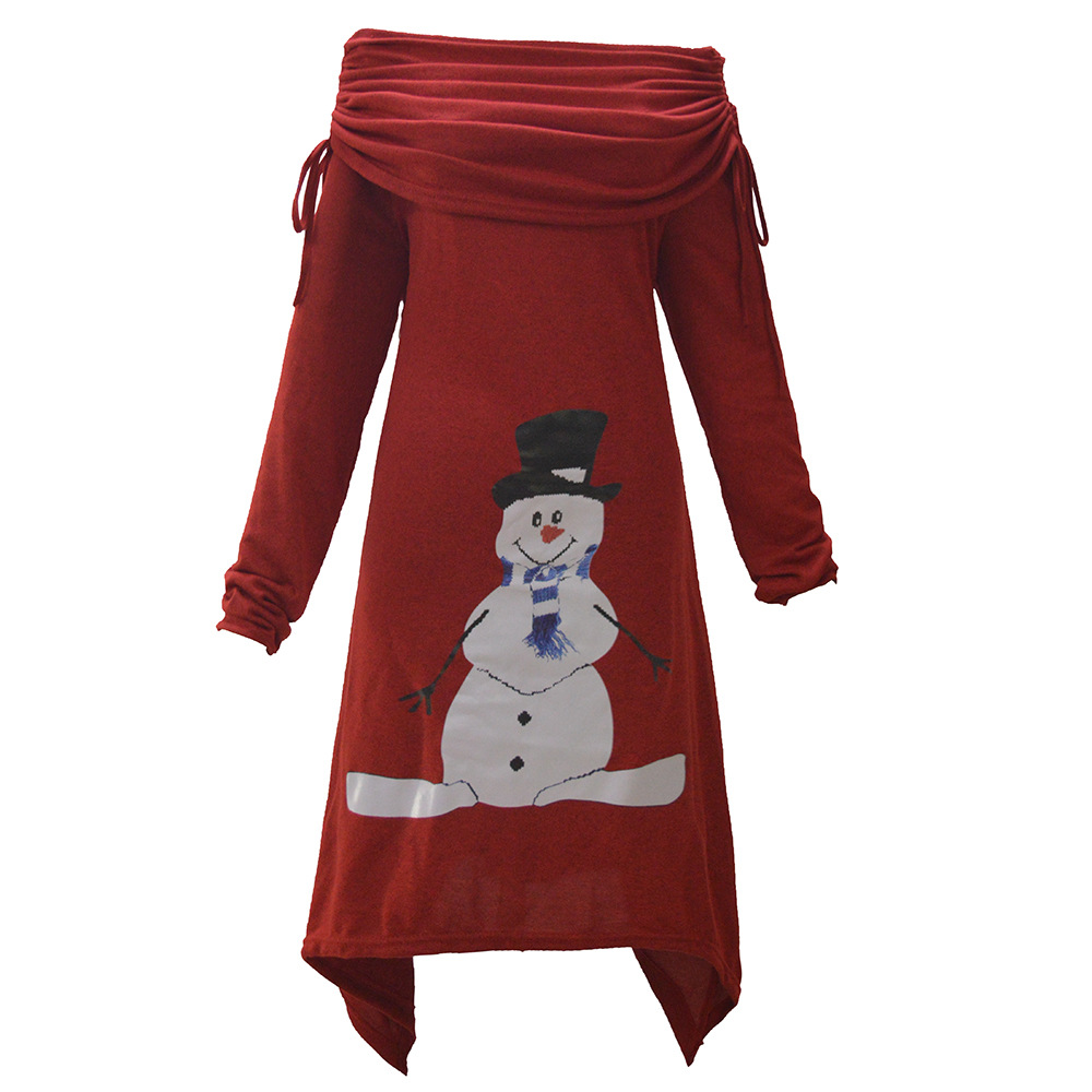 Womens Christmas Snowman Print Dress Pleated Collar Asymmetrical Hem Drawstring Design Perfect for Fall and Winter