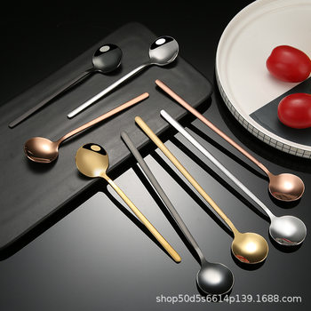 304 Stainless Steel Coffee Spoon Household Creative Long Handle Golden Small Round Spoon Honey Dessert Mixing Spoon Mug Spoon