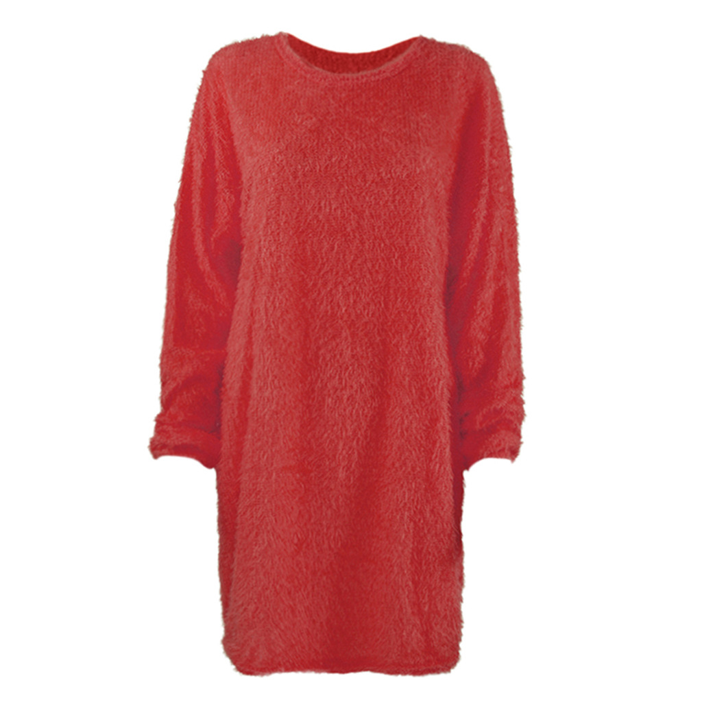 Long Sleeve Plush Midi Dress Loose Fit Round Neck Soft Fabric Fall Winter Fashion Wholesale Available