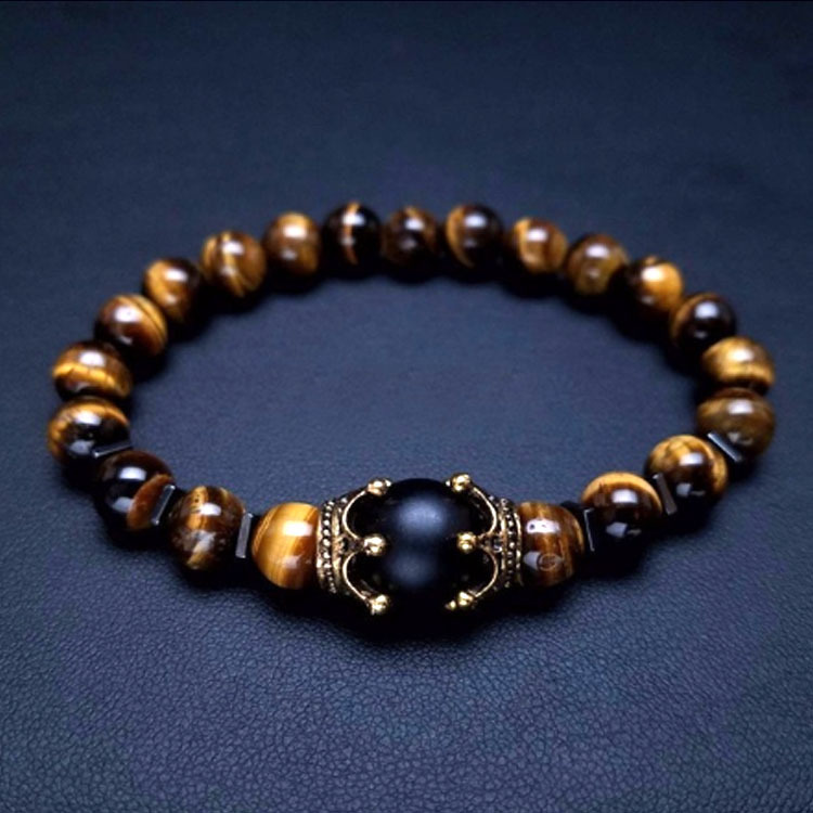 Cross-border new charm men's bracelet fashion luxury alloy crown tiger eye stone beads bracelet jewelry men
