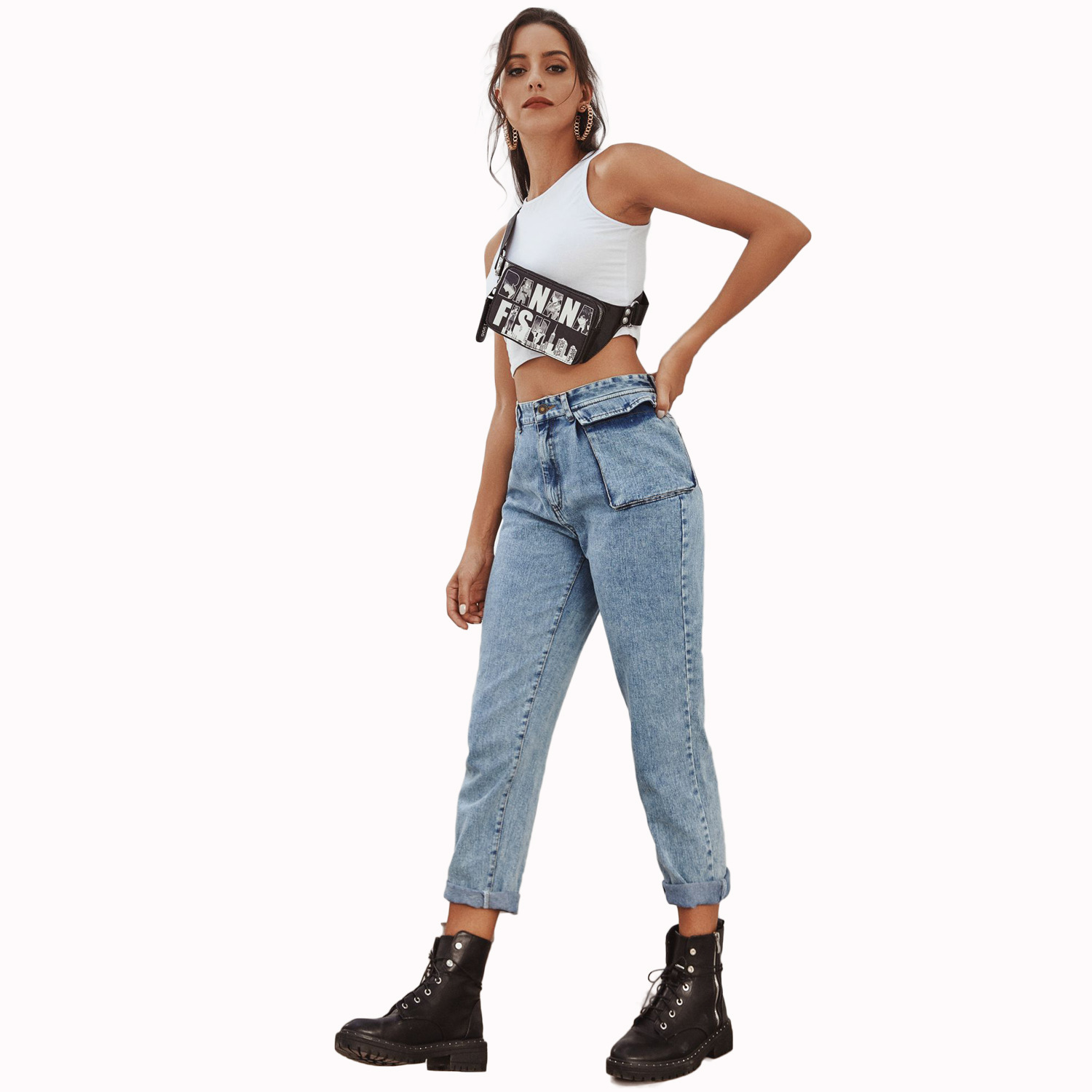 High Waisted Denim Cargo Pants Fashionable Versatile Pocketed Casual Wear for Women Ready to Ship