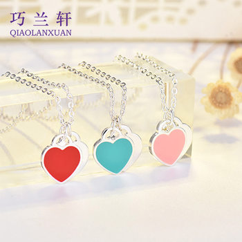 Qiaolanxuan Simple Heart Oil Dripping Enamel Red Blue Pink Three-Color Heart-Shaped t Home Necklace Clavicle Chain Women's Jewelry