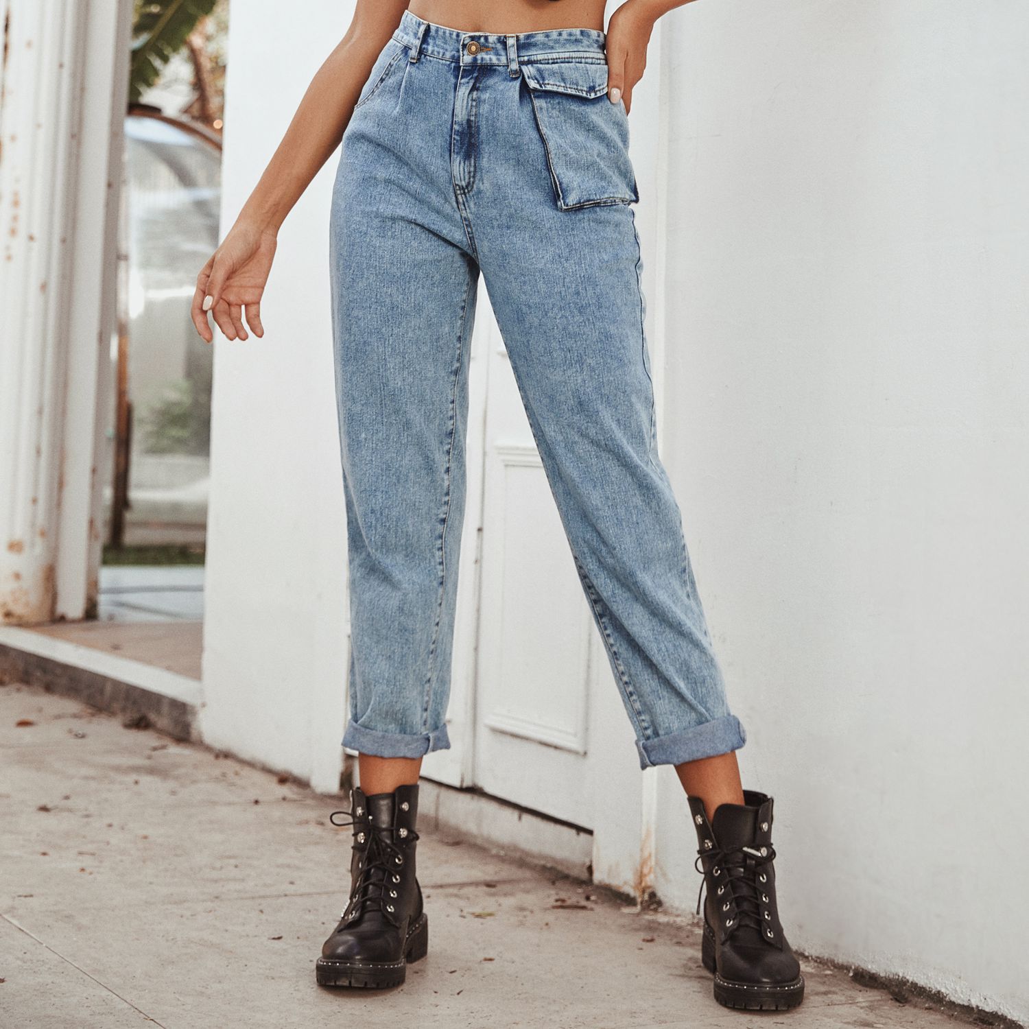 High Waisted Denim Cargo Pants Fashionable Versatile Pocketed Casual Wear for Women Ready to Ship