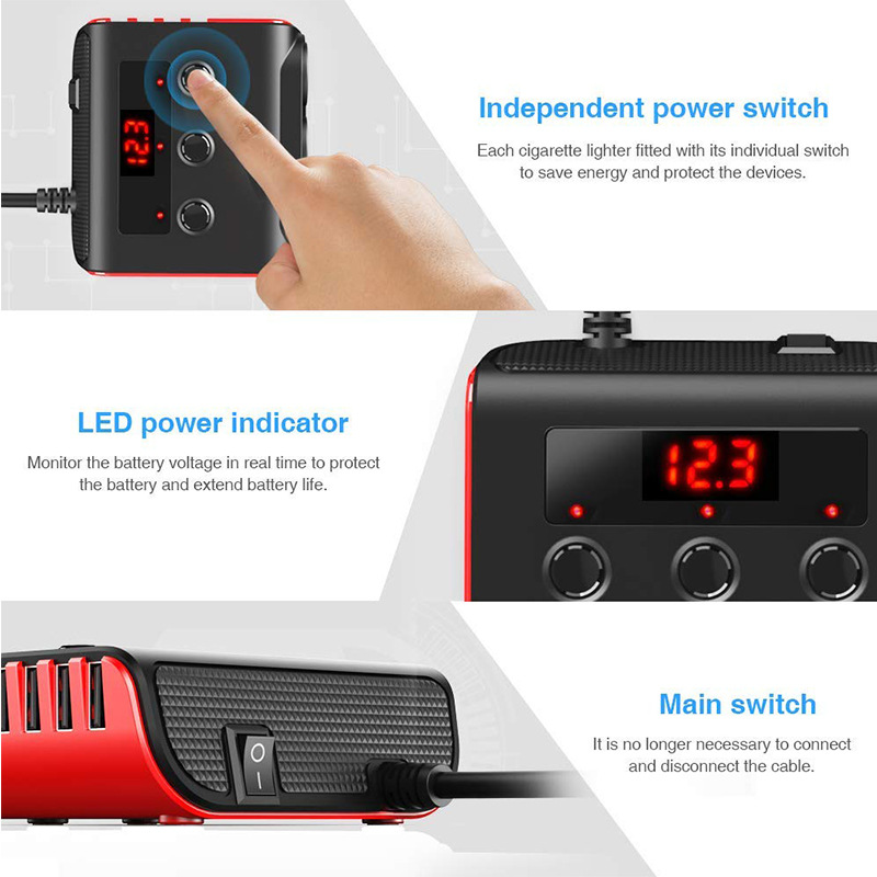New Tr12 Car Cigarette Lighter One Drag Three with Switch Voltage Display 4Usb Charging 120W Fast Charging