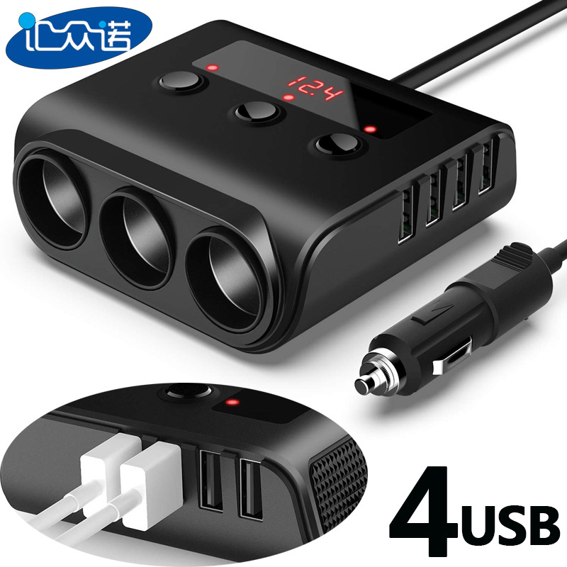 New Tr12 Car Cigarette Lighter One Drag Three with Switch Voltage Display 4Usb Charging 120W Fast Charging