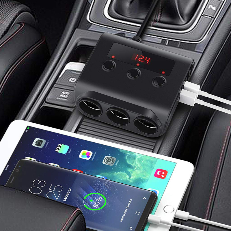 New Tr12 Car Cigarette Lighter One Drag Three with Switch Voltage Display 4Usb Charging 120W Fast Charging
