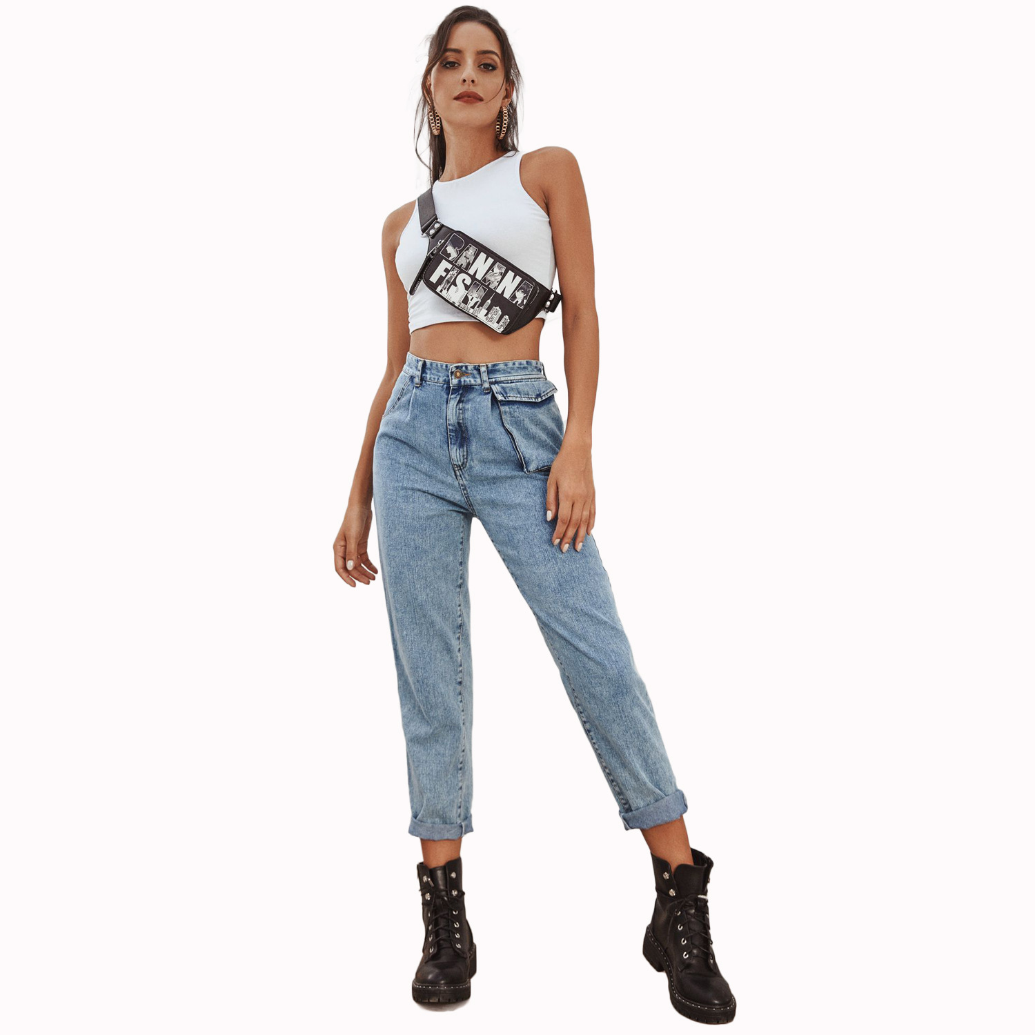 High Waisted Denim Cargo Pants Fashionable Versatile Pocketed Casual Wear for Women Ready to Ship