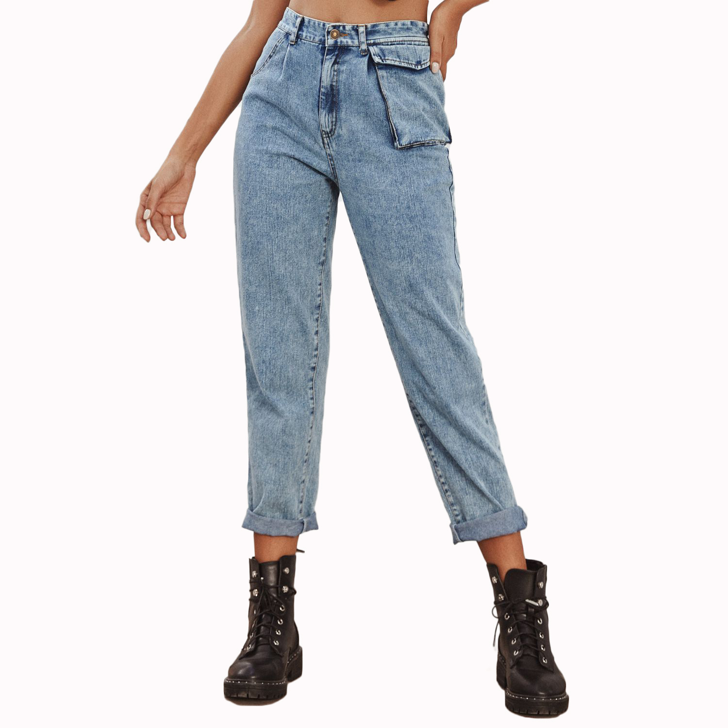 High Waisted Denim Cargo Pants Fashionable Versatile Pocketed Casual Wear for Women Ready to Ship