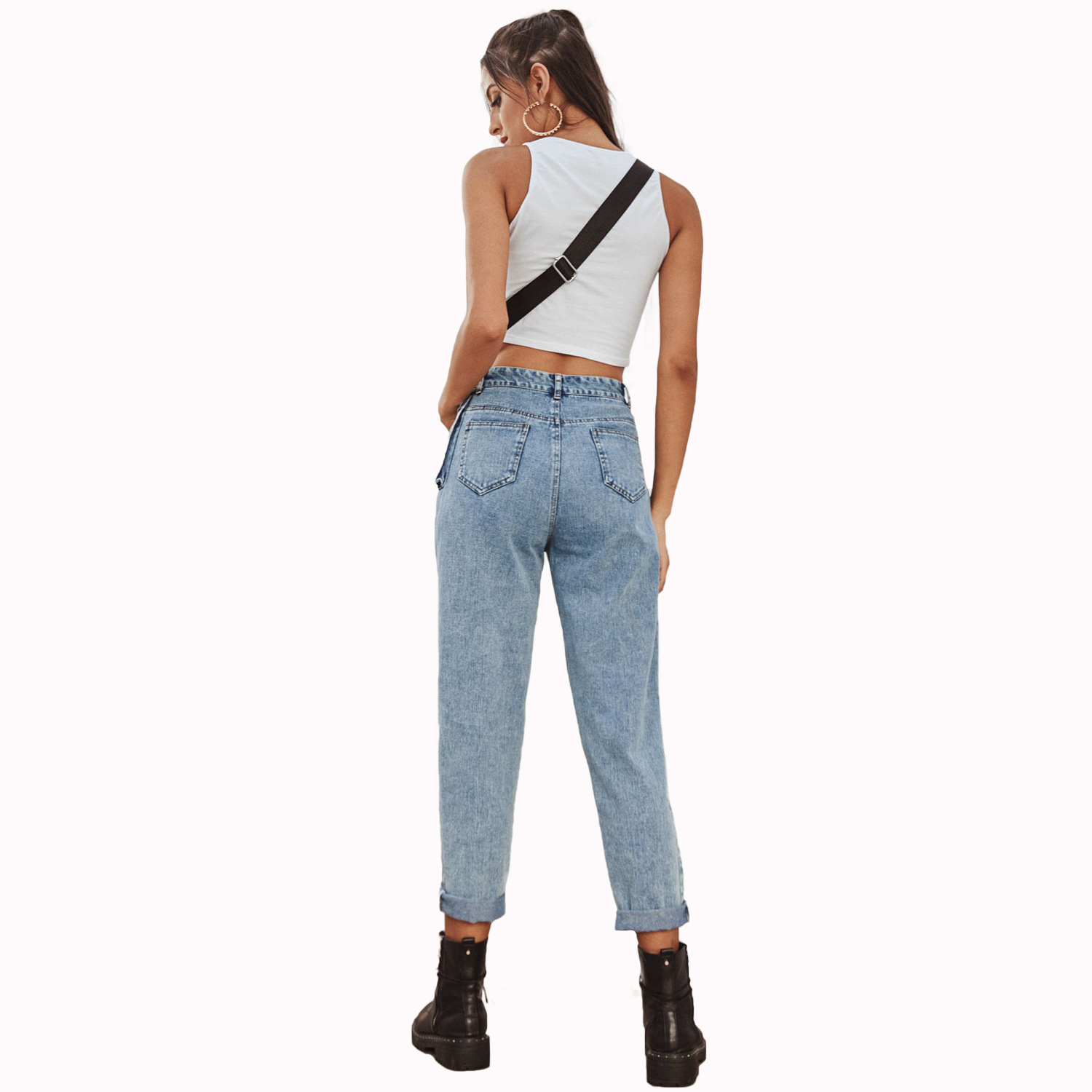 High Waisted Denim Cargo Pants Fashionable Versatile Pocketed Casual Wear for Women Ready to Ship