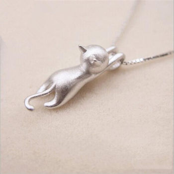 Cute sandblasting cat sterling silver necklace set chain Korean fashion explosion silver jewelry