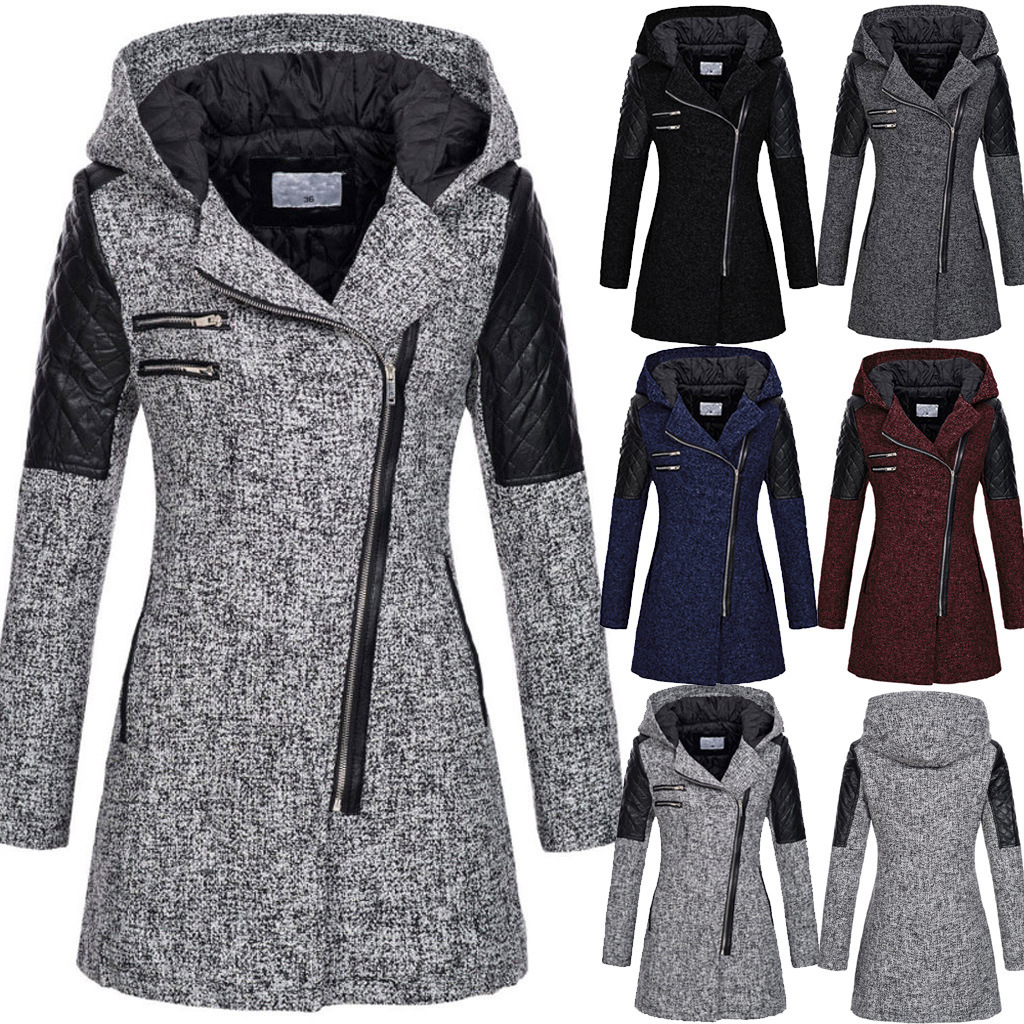 2025 Amazon Aliexpress Ebay Autumn/Winter New Leather. High-Quality Diagonal Zipper Hooded Woolen Trench Coat