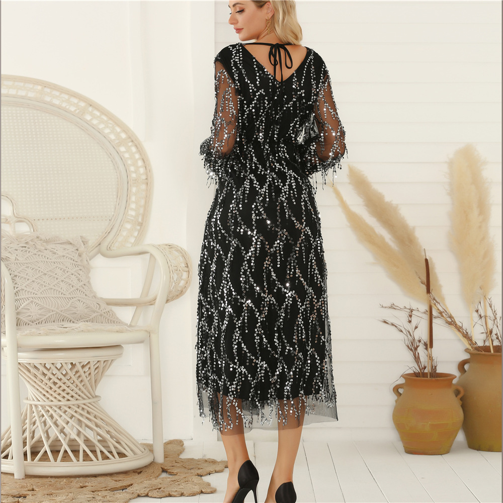 Sequin Fringe V Neck Dress Sexy Elegant Party Wear Wholesale Womens Fashion Gown Ready to Ship