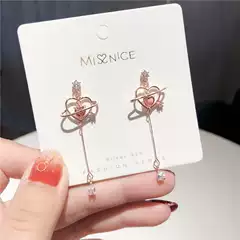 Korean Style Girl Popular Pink Heart Zircon Drop Earrings Cute Elegant Long Heart-Shaped Earrings Earrings Ear Clips