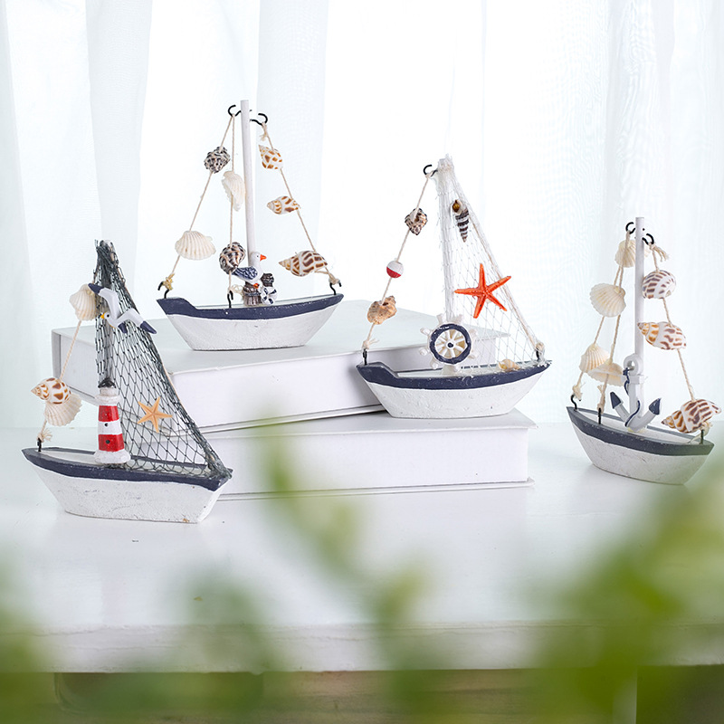 Mediterranean style shell crack boat decoration wooden sailboat model small ornaments children's creative handicraft boat