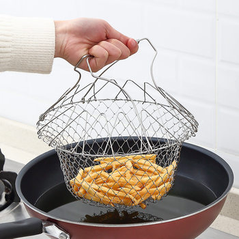 Stainless steel folding frying basket household oil draining basket tool kitchen vegetable washing frying mesh basket multifunctional strainer