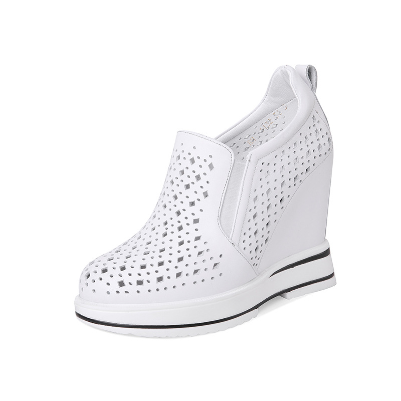 Giày Lười Nữ Đế Xuồng Tăng Chiều Cao Khoảng 12cm Da Mờ Lưới Thoáng Khí Màu Đen, Trắng