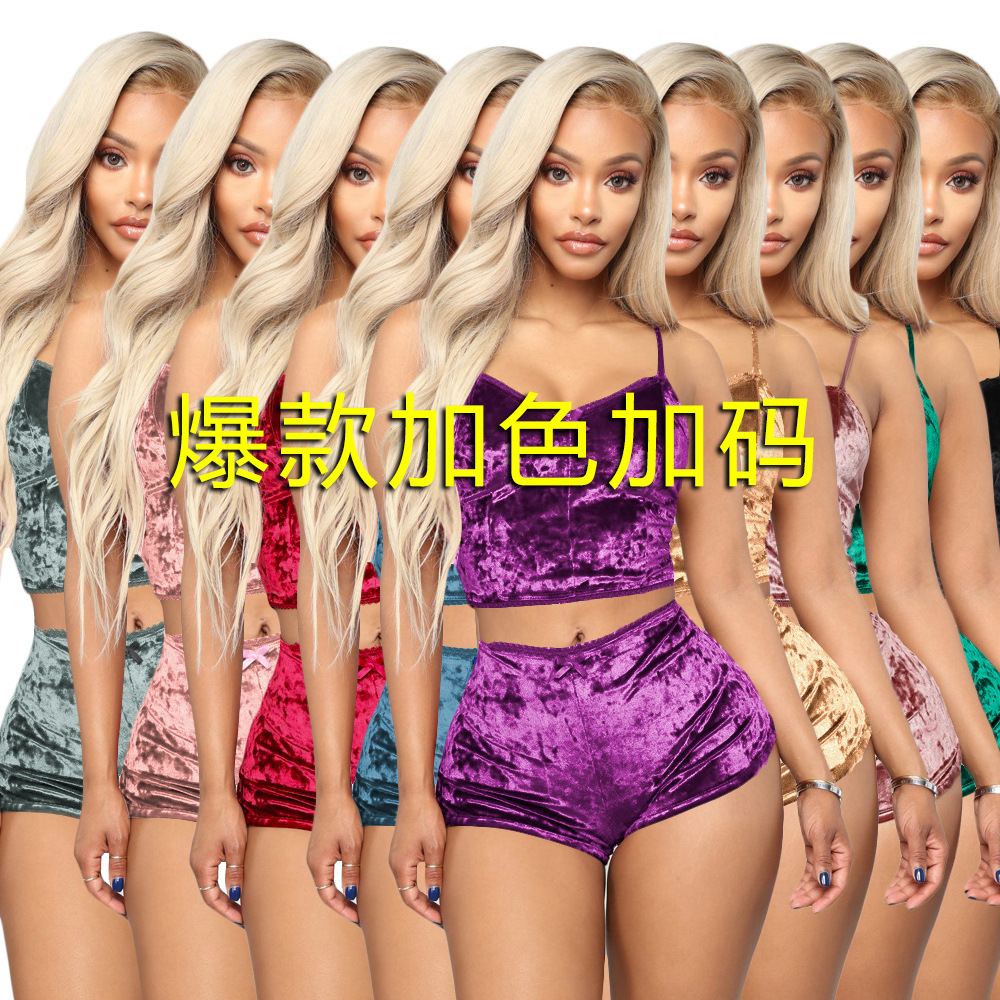 S3431 European and American Wholesale Women's Summer Cut Out Sexy Slim Velvet Lace Two-Piece Shorts Nightclub Wear