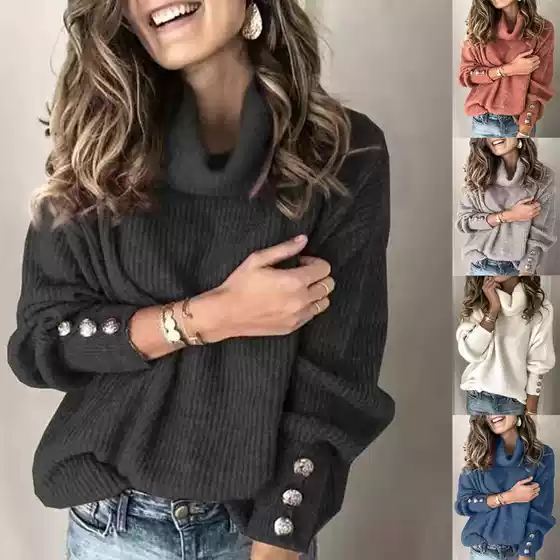 Wish Cross-Border EU/US Export 2024 Fall Winter New Women's Solid Color Hoodie High-Neck Knit Sweater Top In Stock
