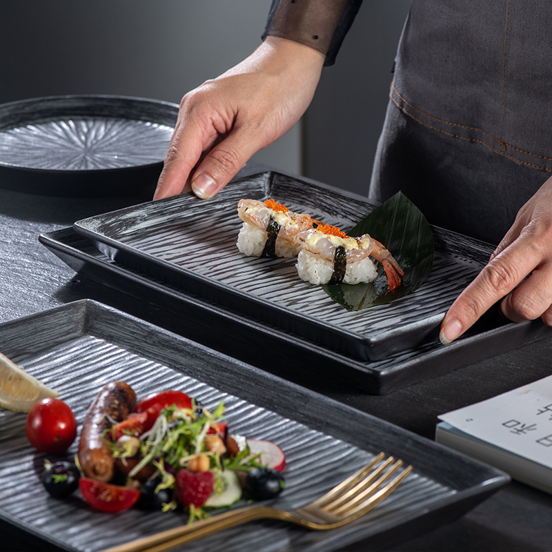 Mercure Western food rectangular plate creative relief striped plate Western ceramic big fish plate restaurant Dumpling plate dish