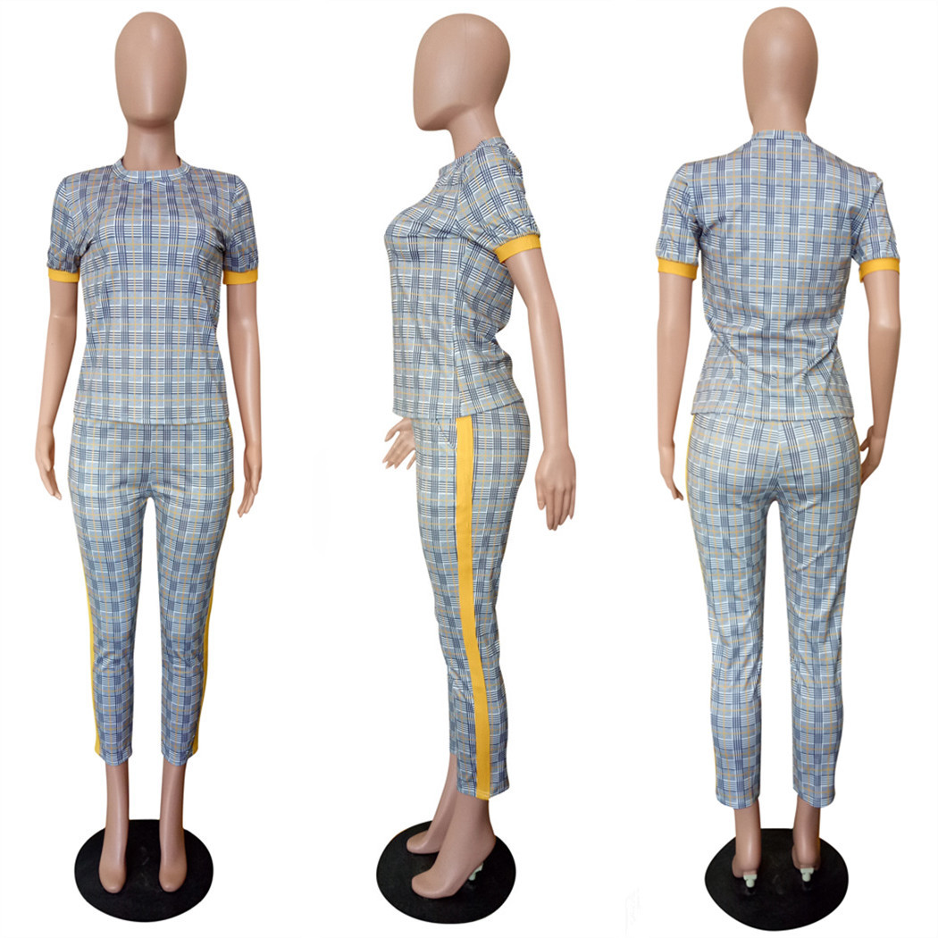 LS8031 European and American Women's Spring and Autumn New Fashion Slim-fit Printed Short-sleeved Pants Set Two-piece Set