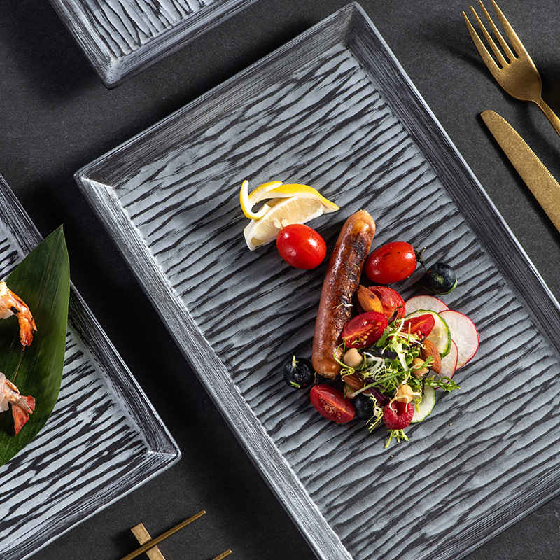 Mercure Western food rectangular plate creative relief striped plate Western ceramic big fish plate restaurant Dumpling plate dish