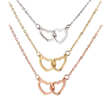 Cross-border Hot Sale Mirror Stainless Steel Double Love Necklace Heart-shaped Double Ring Pendant Clavicle Chain 48cm