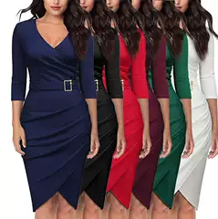 2024 Amazon Europe & US Short Sleeve 3/4 Sleeve V-Neck Office Evening Party High Waist Slimming Dress