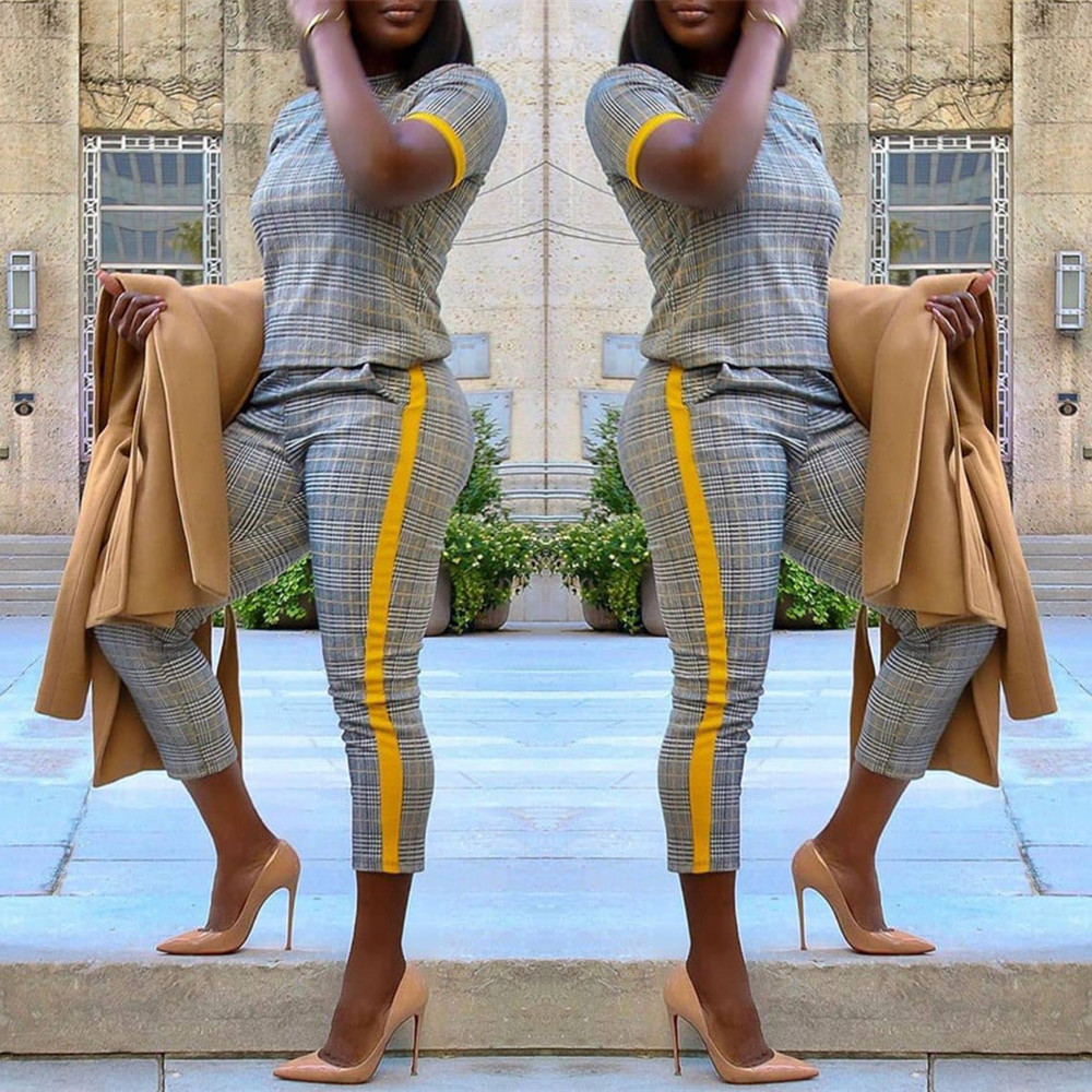 LS8031 European and American Women's Spring and Autumn New Fashion Slim-fit Printed Short-sleeved Pants Set Two-piece Set