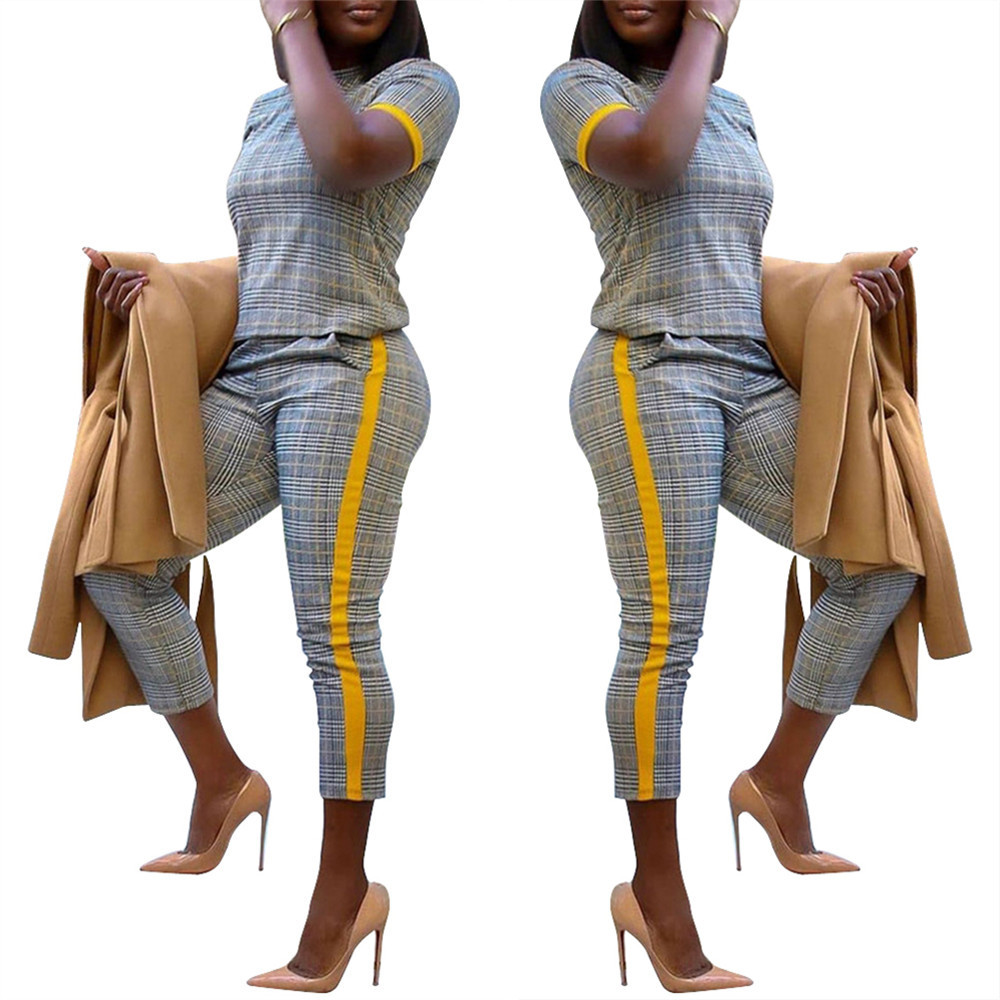 LS8031 European and American Women's Spring and Autumn New Fashion Slim-fit Printed Short-sleeved Pants Set Two-piece Set