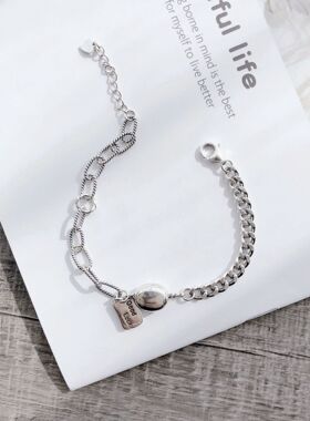 S925银手链手串女复古方牌LUCK吊坠小众设计做旧简约百搭首饰品