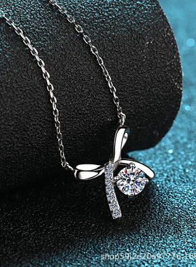 2020年新款s925纯银项链四爪女50分莫桑钻蝴蝶结项链仿真钻锁骨链