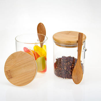 Supply Glass Sealed Jar Kitchen Cereals Dried Fruit Storage Bottle Bamboo Lid with Spoon Household Transparent Seasoning Jar