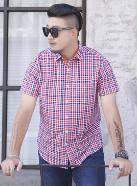 men's shirt all-match fat short sleeve 加肥大肚子男格子衬衫