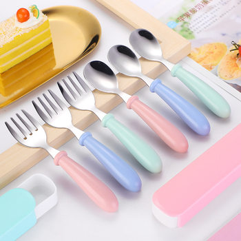 Baby Feeding Tableware 304 Stainless Steel Children's Spoon Fork Plastic Handle Baby Food Supplemental Tool Boxed