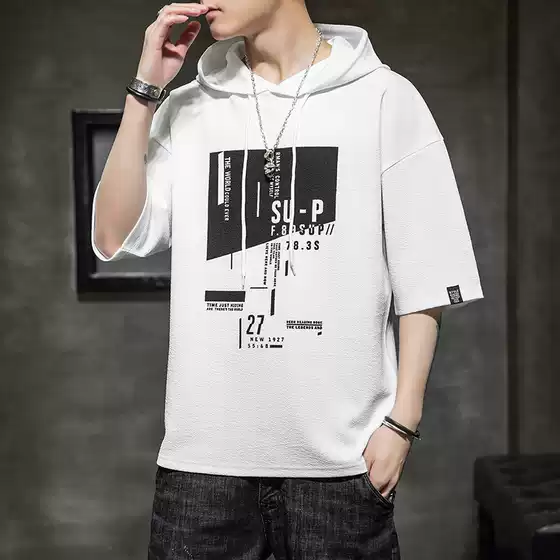 2025 Summer New Half Sleeve T-shirt Men's Trendy Brand Youth Ant Wrinkle Casual hooded Short sleeved T-shirt Cross border
