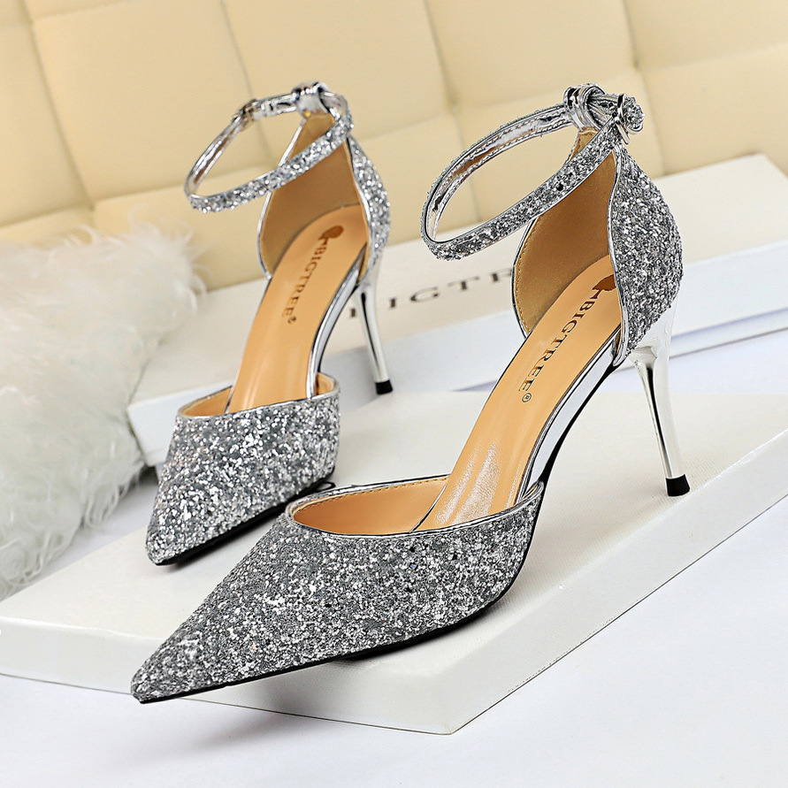 Sandal cao gót nữ mũi nhọn quai ngang đính 片 phối hợp — 283-1 Bạc 9.5CM, 283-1 đen 9.5CM, 283-1 màu Đỏ 9.5CM, 283-A1 Bạc 7.5CM
