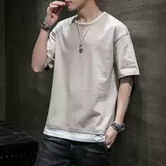 Men’s Short-Sleeve T-Shirt Summer Trendy Pure Cotton Solid Color Paneled Tee New Crew Neck Loose Layered Undershirt