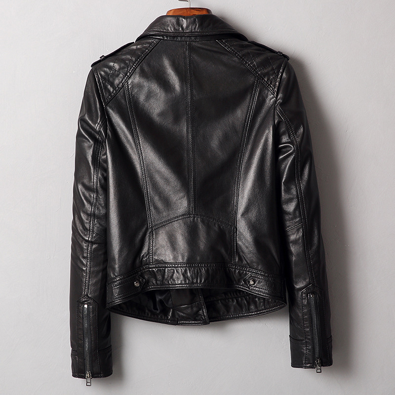 Áo khoác da nữ dáng ngắn cổ vest phối khóa kéo phong cách biker ôm dáng — Màu đen