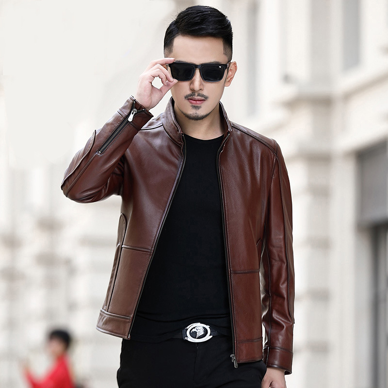 Áo Khoác Da Bò Nam Kiểu Motor Biker Dáng Ôm Cổ Trụ Màu Nâu, Đen