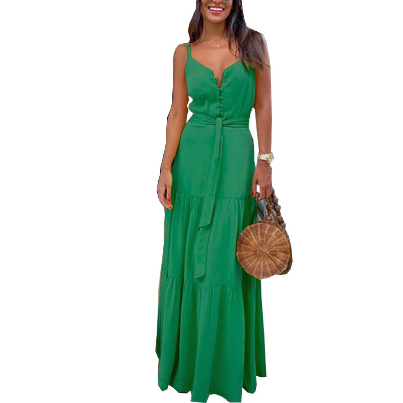 Womens Summer Dress Unique Button Design V Neck Color Block Sleeveless Casual Wear for Parties or Beach