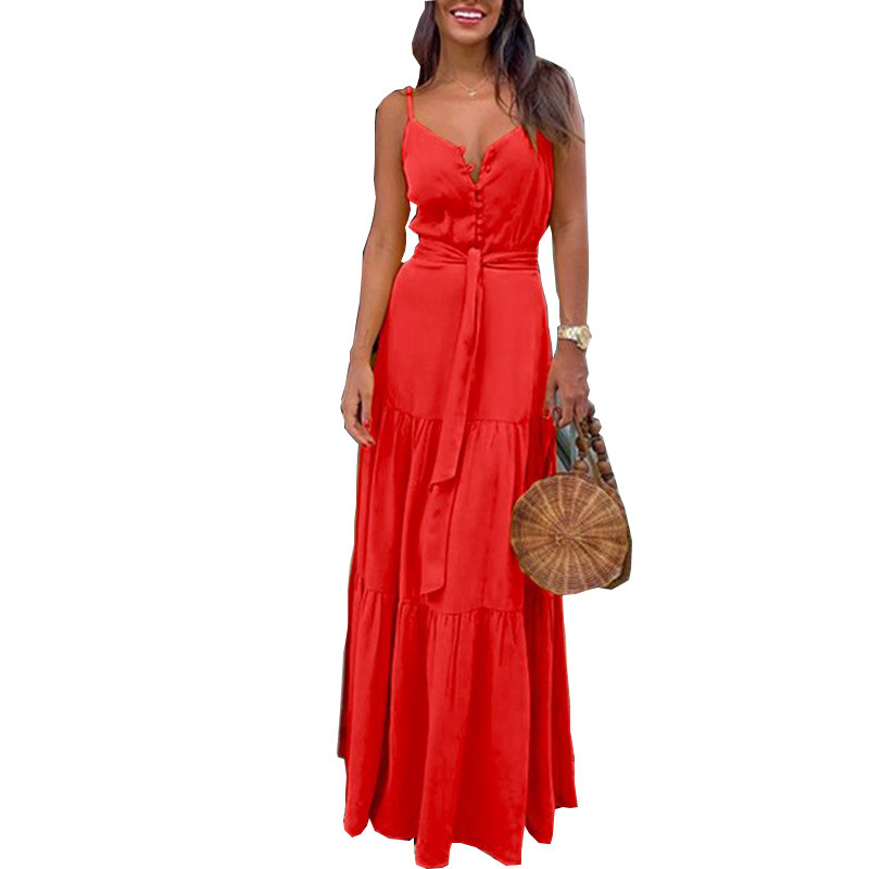 Womens Summer Dress Unique Button Design V Neck Color Block Sleeveless Casual Wear for Parties or Beach
