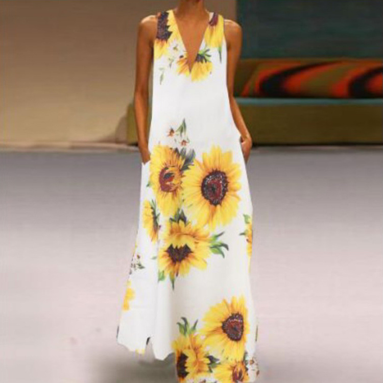 Bohemian Sunflower Print Maxi Dress V Neck Sleeveless Pocket Design Summer Casual Wear Wholesale Available
