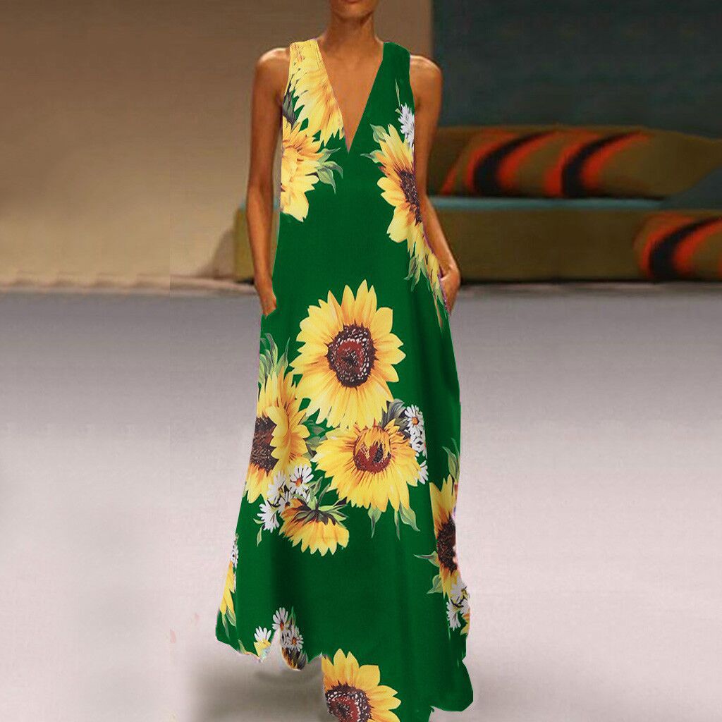 Bohemian Sunflower Print Maxi Dress V Neck Sleeveless Pocket Design Summer Casual Wear Wholesale Available