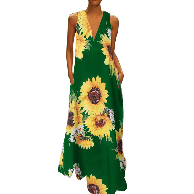 Bohemian Sunflower Print Maxi Dress V Neck Sleeveless Pocket Design Summer Casual Wear Wholesale Available