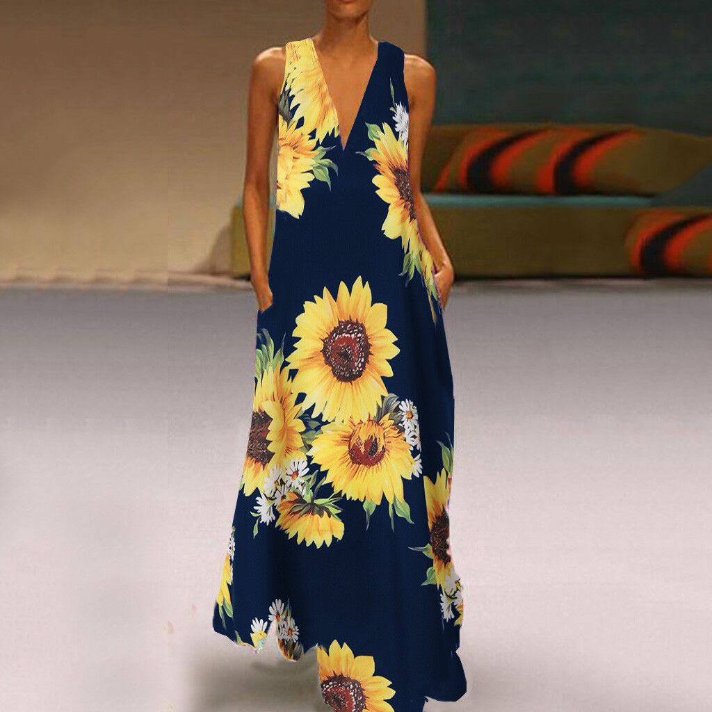 Bohemian Sunflower Print Maxi Dress V Neck Sleeveless Pocket Design Summer Casual Wear Wholesale Available