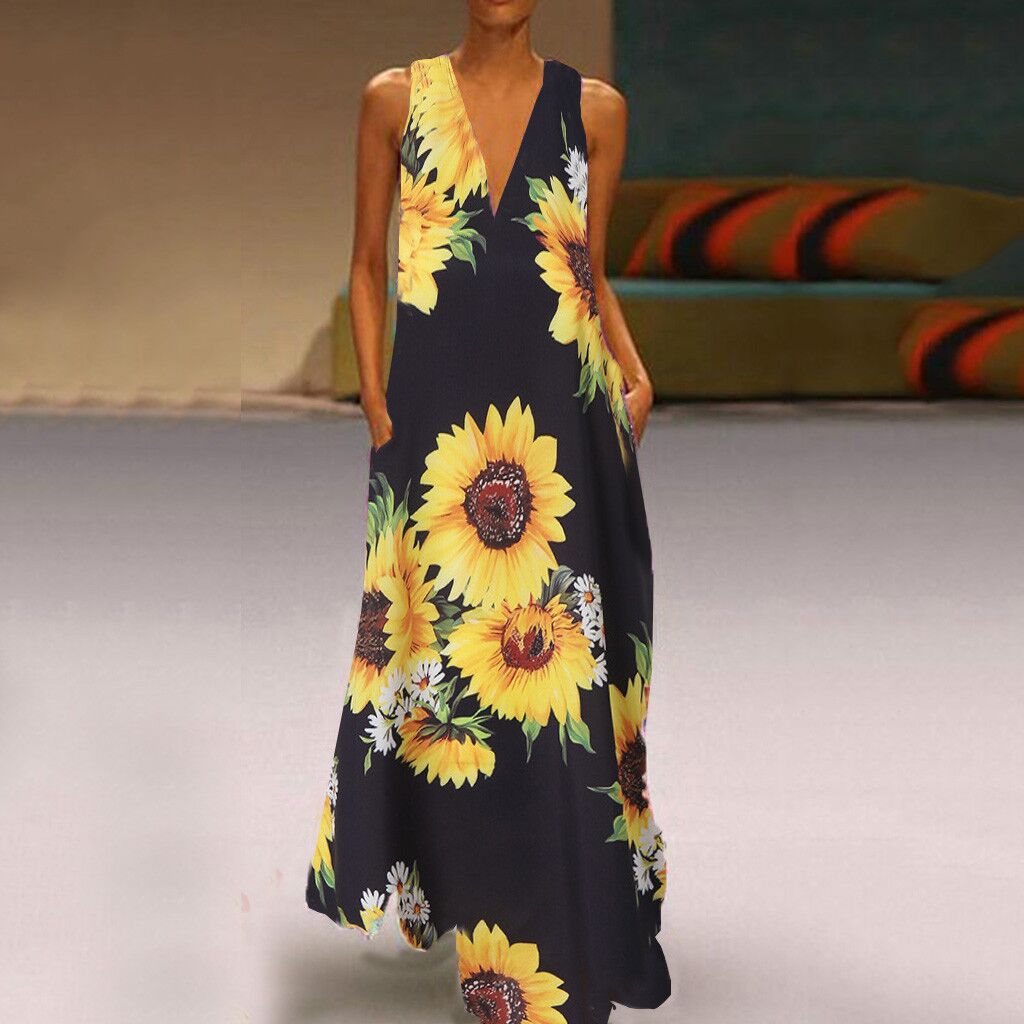 Bohemian Sunflower Print Maxi Dress V Neck Sleeveless Pocket Design Summer Casual Wear Wholesale Available