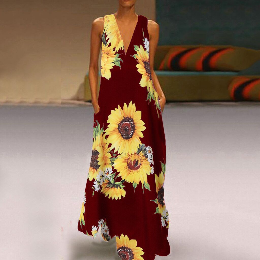 Bohemian Sunflower Print Maxi Dress V Neck Sleeveless Pocket Design Summer Casual Wear Wholesale Available